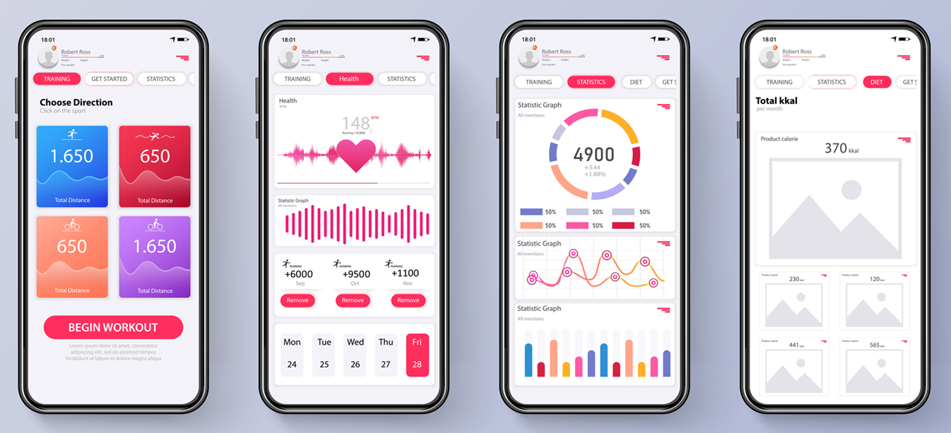 Diese Grafik zeigt vier Smartphone-Bildschirme, auf denen jeweils verschiedene Aspekte einer Gesundheits-App aufgerufen sind.